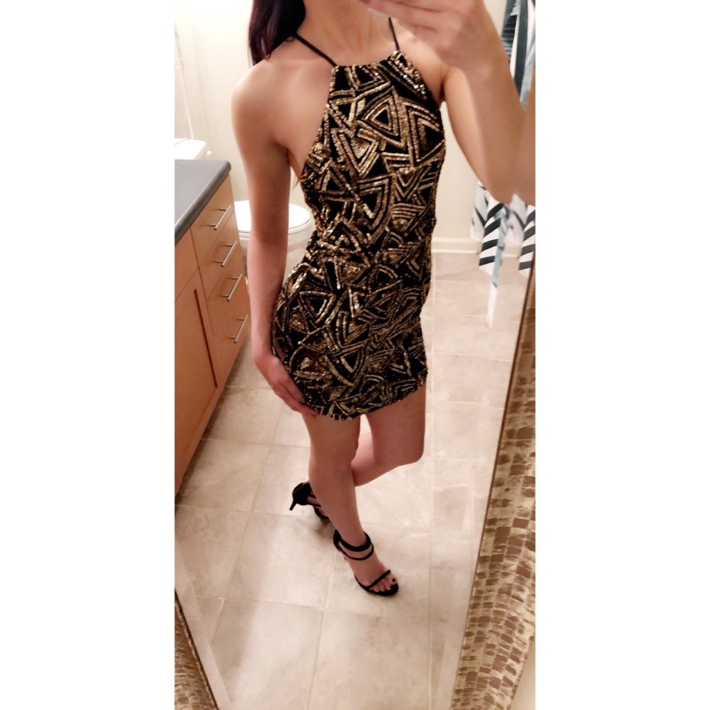 Morning Mist Black & Gold Sequin Mini Dress US 4